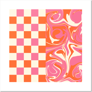 Checks and Swirls - Pink, Orange and Cream Posters and Art